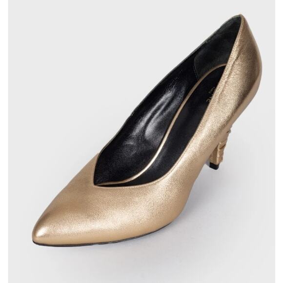 Celine Metallic Leather Pointed Toe Creased Heel Pump Gold Women's 36.5 US 6 - Picture 1 of 7